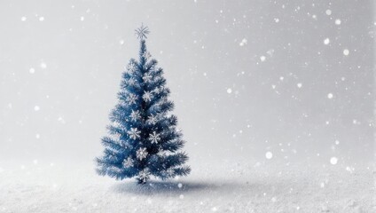 Blue Christmas Tree with Snowflakes and Falling Snow.