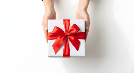 Hands holding a white present with a red silk ribbon