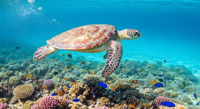 A vibrant underwater scene featuring a sea turtle swimming above colorful coral reefs and various tropical fish in clear blue water