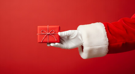 Santa Claus hand holding a small red Christmas gift