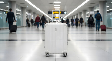 Awaiting the next flight with a lone white suitcase