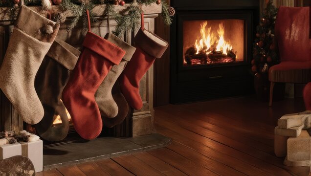 Christmas stockings hanging by a warm fireplace with glowing embers.