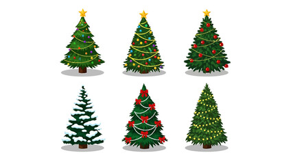 Collection of Festive Christmas Trees with Ornaments and Decorations.