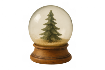 Classic snow globe with a green christmas tree on a rustic wooden base, symbolizing winter, joy, and holiday cheer