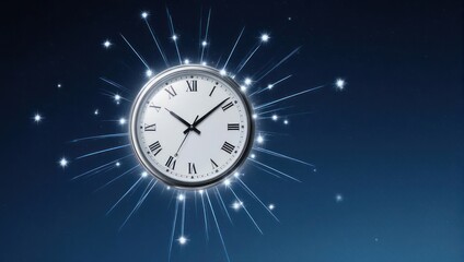 Clock with light rays on a dark blue background.