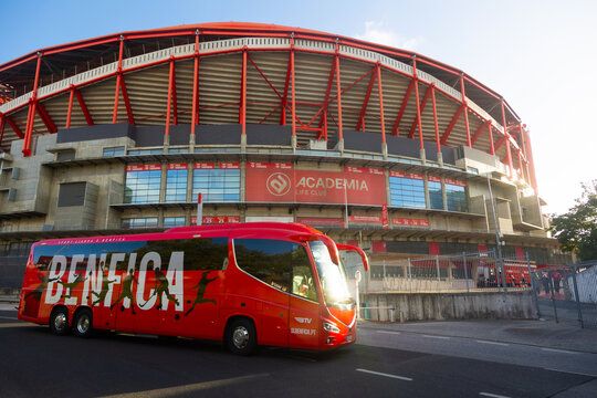 Lisboa, Portugal 2025-11-09 Team bus of S.L. Benfica parked in front of Est&aacute;dio da Luz in Lisbon, Portugal.