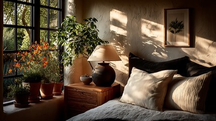 Elegant bamboo bedside table with ceramic lamp high resolution picture