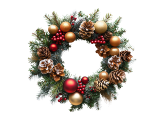 Festive Christmas Wreath with Pinecones Red and Gold Ornaments on Transparent Background