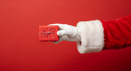 Gloved hand in red suit holding a small gift box