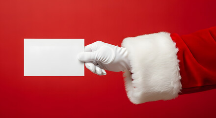 Santa Claus's gloved hand holding a blank white card
