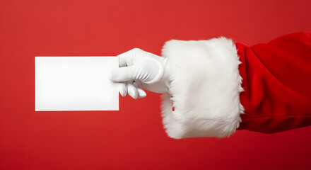 Santa's hand in a white glove holding a blank card