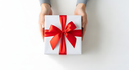 Hands holding white gift box with red ribbon and bow