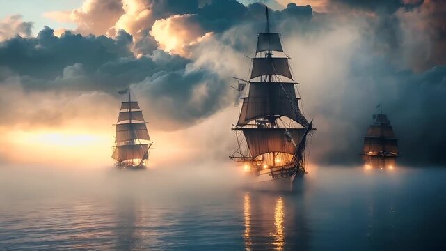 A vivid portrayal of a sailing ship in a sea of mist, with a backdrop of dramatic clouds and a setting sun. The ship, with its tall masts and intricate rigging, is the central focus.
