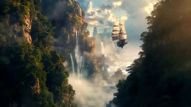 A vivid portrayal of a sailing ship in flight against a backdrop of towering cliffs and cascading waterfalls. The ship, with its three masts and large sails, is the central focus.
