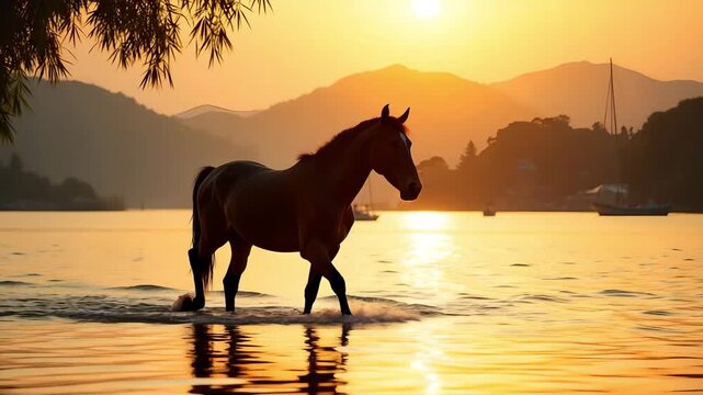 Two Horses at Sunrise by the Shore