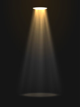 Golden spotlight on dark background. Realistic light beam shining down from  ceiling on dark empty stage. Dramatic theatrical lighting effect. Editable vector illustration.