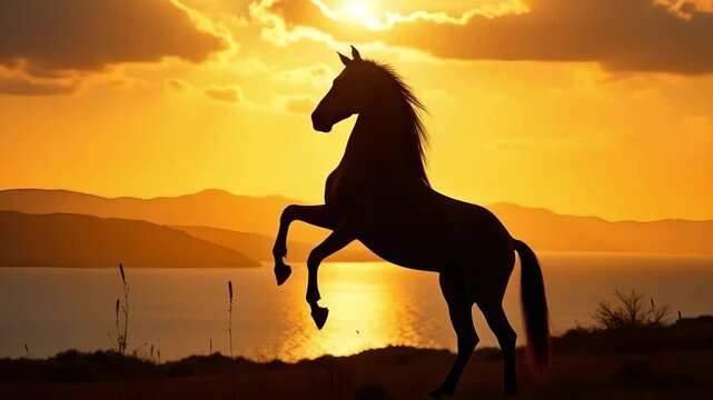 Silhouette of Rearing Horse at Sunset
