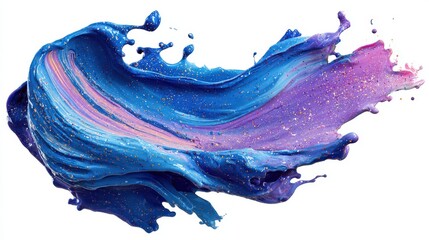 Abstract fluid paint stroke in blue and purple neon, isolated on white background, clean edges, perfect for PNG overlays and design elements