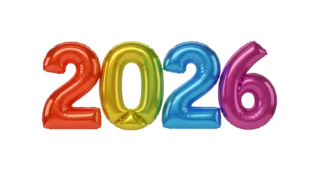 Colorful 2026 balloons isolated on transparent background