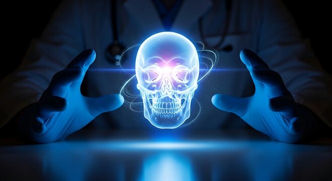 Doctors Hands Interacting with a Holographic Human Skull in a Dark, High-Tech Environment. - Powered by Adobe