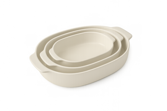 Nesting oval ceramic bakeware set, off-white casserole dishes for baking and serving with handles, transparent background