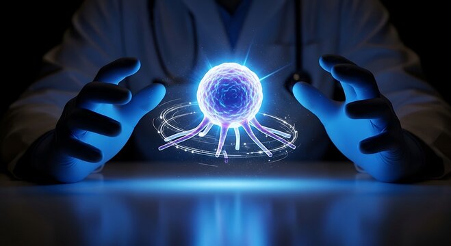 Scientists hands manipulating a glowing blue cell, symbolizing advanced biological research and futuristic medical breakthroughs.