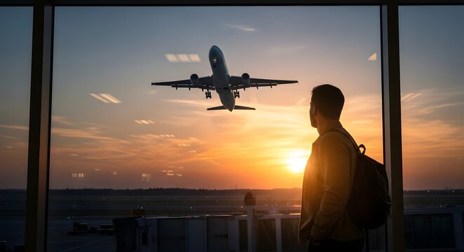 A traveler with a backpack gazes at an airplane taking off during sunset through an airport window, capturing the excitement of travel and adventure - Powered by Adobe