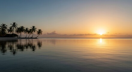 Calm, serene beach sunrise. Palm trees silhouetted against a golden sky reflected on the water