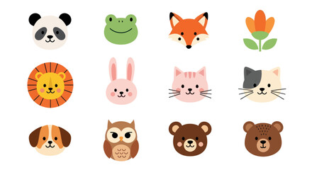 Cartoon animal faces set panda fox cat bear and more cute characters