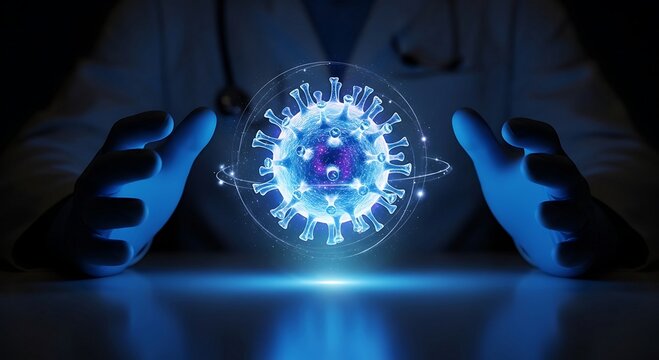 Doctor Holding Holographic Representation of Virus for Research. - Powered by Adobe