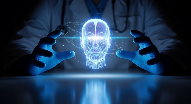 Doctor manipulating a holographic brain, showcasing medical technology. - Powered by Adobe