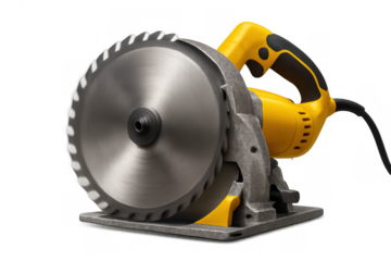 Circular saw power tool with a spinning blade, used for cutting wood and building materials, isolated on transparent background