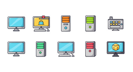 Cartoon computer icons set desktop monitors servers and displays