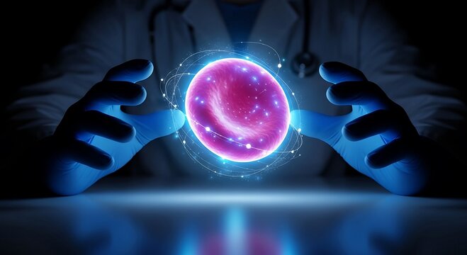 Doctor holding glowing red blood cell in hands, medical research and healthcare concept.