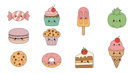 Cartoon desserts collection various treats with smiling faces on white background