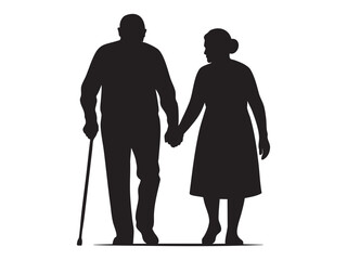 Black silhouette of elderly couple walking together, isolated on white background. concept of senior love, companionship, aging gracefully, icon, logo, design element