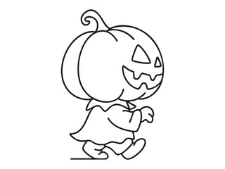 Black outline of child in pumpkin costume walking, isolated on white background. concept of halloween, jack-o-lantern, trick or treat, festive illustration, costume design.