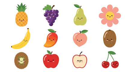 Cartoon fruit characters illustration with smiling faces on white background