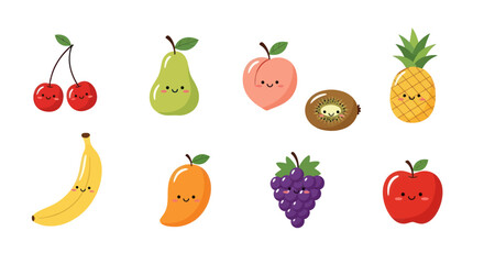Cartoon fruit collection isolated illustrations of various smiling food items