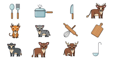 Cartoon illustrations of kitchen utensils animals and cooking elements