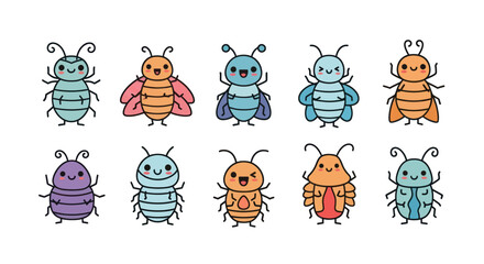 Cartoon insects collection with various colors and expressions on white background