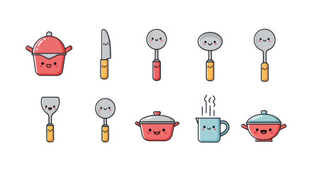 Cartoon kitchen tools collection with smiling faces on a white background