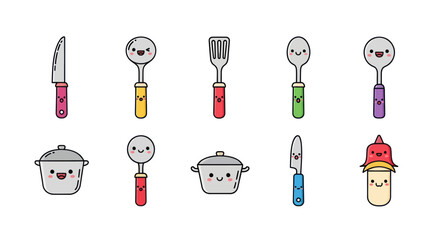 Cartoon kitchen utensils and cookware set on a white background