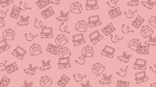 A whimsical, hand-drawn pattern featuring retro technology like cassette tapes and laptops on a pink background.