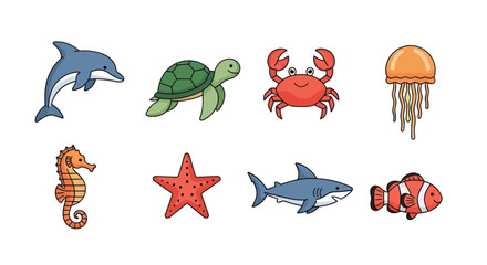 Cartoon ocean creatures illustration dolphin turtle crab jellyfish seahorse