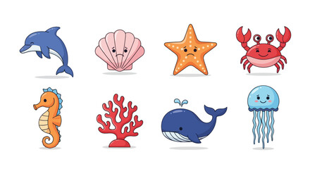 Cartoon ocean creatures set dolphin shell starfish crab seahorse
