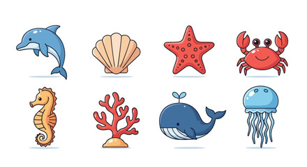 Cartoon ocean life dolphin shell starfish crab seahorse coral whale jellyfish