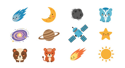 Cartoon planets and celestial bodies with smiling faces for education