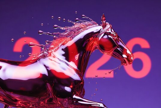 Futuristic chrome-red liquid horse with dynamic splashes, neon 2026 glowing on a purple background. High-impact, glossy 3D look for modern New Year zodiac themes