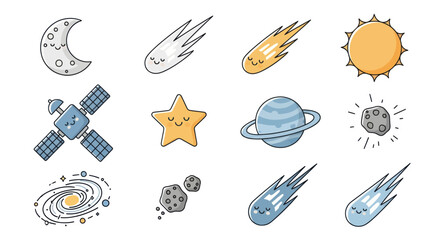 Cartoon space elements moon comet sun star planet satellite galaxy isolated